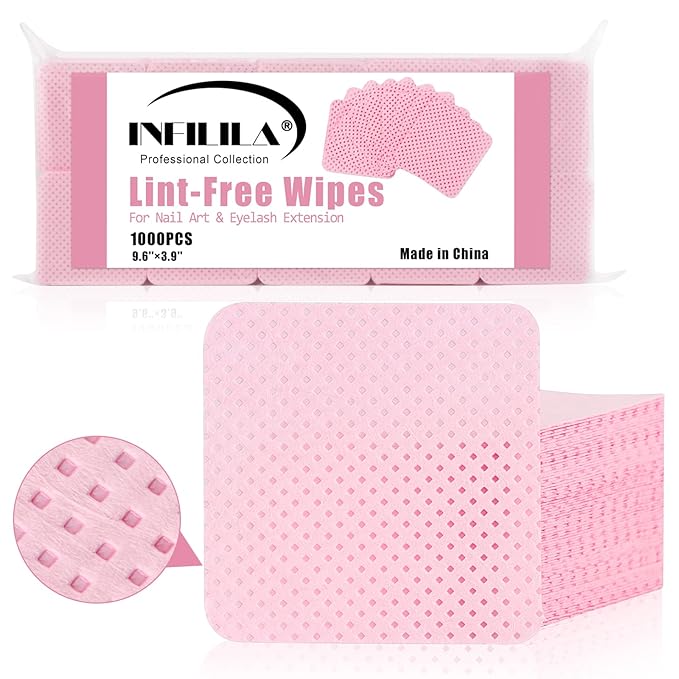 NXJ INFILILA Lint Free Nail Wipes, 1000PCS Non-Woven Fabric Dry Nail Prep Wipes, Absorbent Acetone Nail Polish Remover Lash Extensions Glue Nail Cleaning Pads for Salon Supplies (Pink)