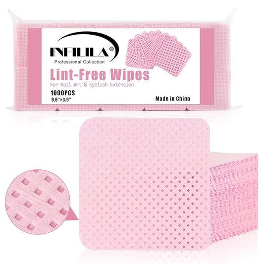 NXJ INFILILA Lint Free Nail Wipes, 1000PCS Non-Woven Fabric Dry Nail Prep Wipes, Absorbent Acetone Nail Polish Remover Lash Extensions Glue Nail Cleaning Pads for Salon Supplies (Pink)