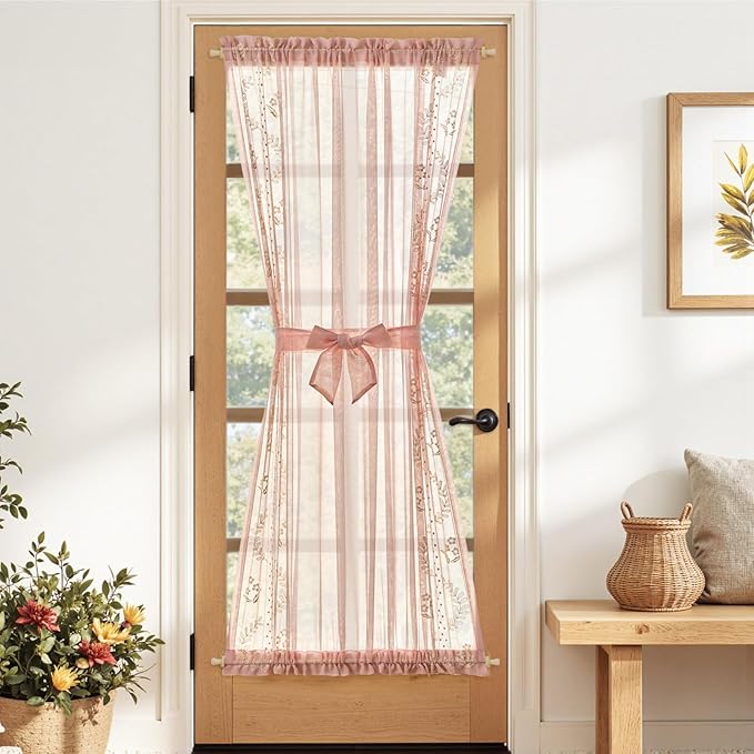 jinchan Semi Sheer French Door Curtain with Tie Up Bows Floral Embroidered Voile Privacy Curtain for Patio Door Closet Sliding Glass Door Rod Pocket 72 Inch 1 Panel Pink