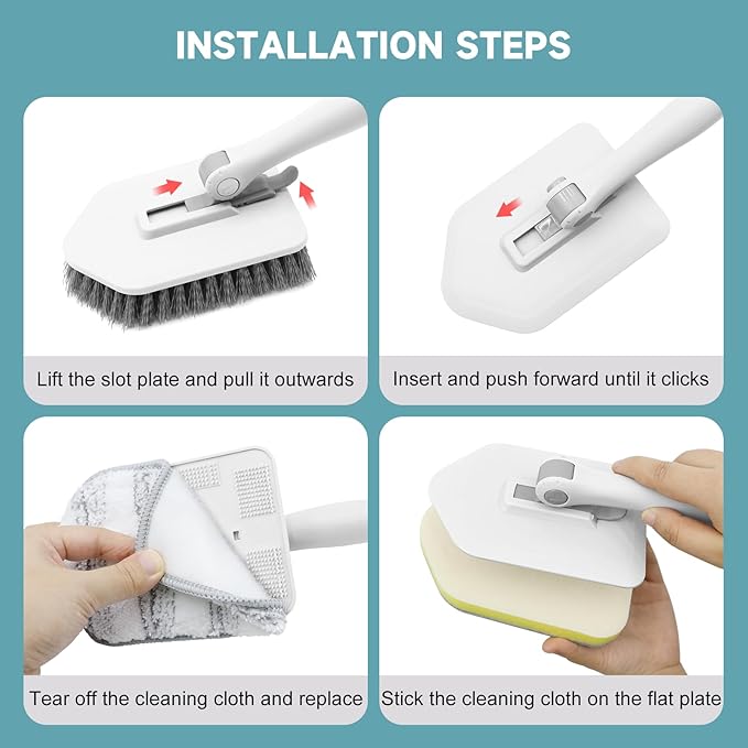 nacena Shower Scrubber with Long Handle, 4 in 1 Tile Tub Scrubber Brush with 3 Detachable Cleaning Shower Heads and Floor Squeegee Shower Cleaner Brush for Bathroom Kitchen Tub Sink Floor, Grey White