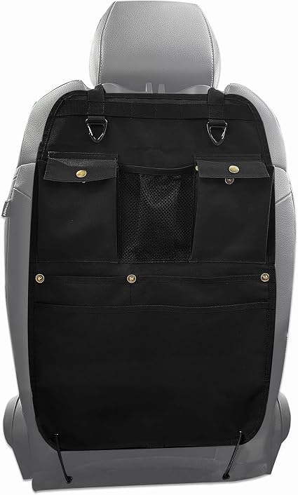 Black Car Seat Back Organizer with Multiple Pockets and Hooks