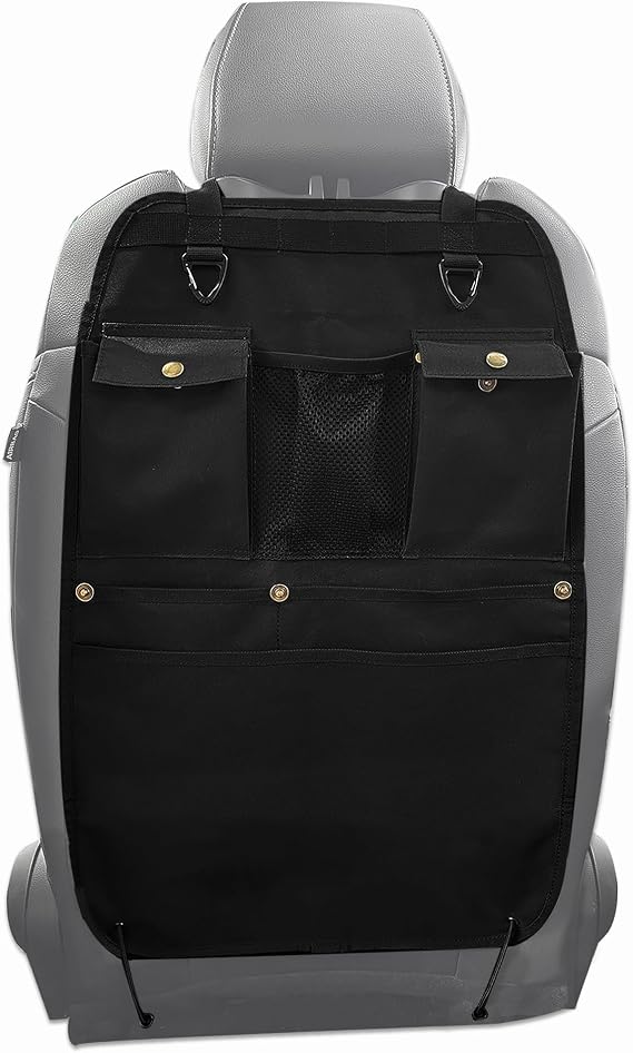 Black Car Seat Back Organizer with Multiple Pockets and Hooks