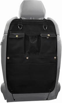 Black Car Seat Back Organizer with Multiple Pockets and Hooks