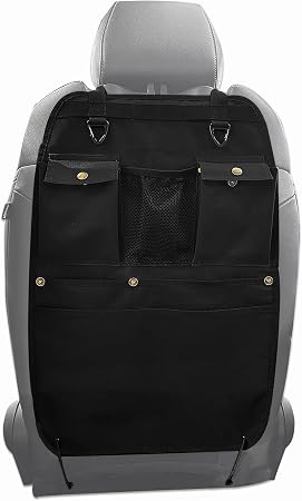 Black Car Seat Back Organizer with Multiple Pockets and Hooks