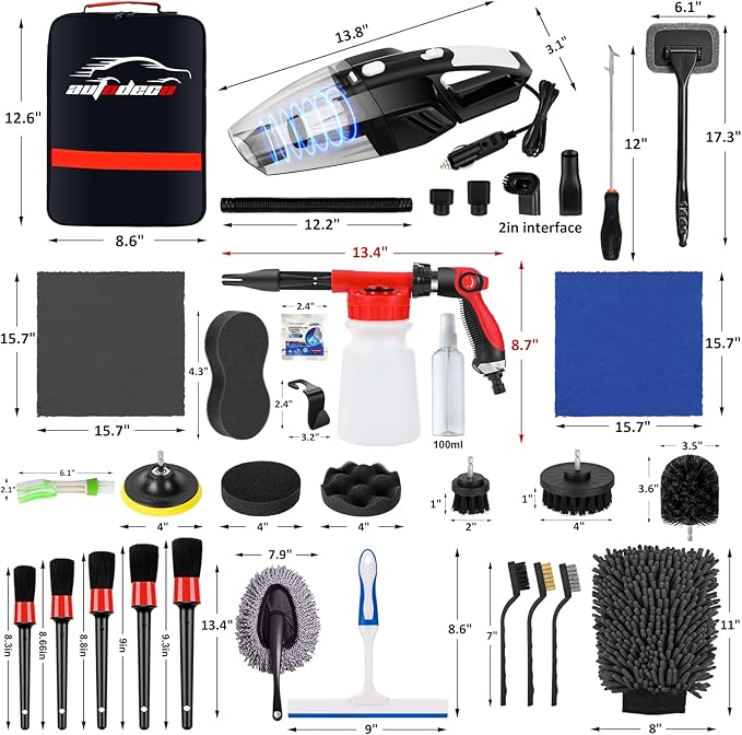 43Pcs Car Wash Detailing Kit Cleaning Kits with Foam Gun Sprayer Long Handle Mop Car Vacuum Drill Brush Large Wash Mitt Towels Complete Interior Exterior Car Washing Supply Set Blue