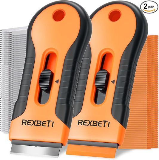 REXBETI Razor Blade Scraper Tool, 2 Pack Razor Scraper Set with Extra 80Pcs Razor Blades -30Pcs Metal and 50Pcs Plastic Blades, Cleaning Scraper Tool, Cooktop, Paint, Glass Scraper