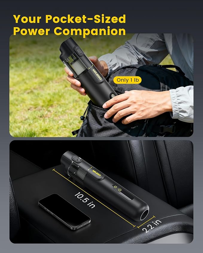 Mr.ego Car Vacuum Portable Cordless, 20000Pa High-Power Suction Handheld Vacuum & Air Duster with Brushless Motor, Multi-Nozzles, Green LED Light & Washable Filter for Car, Home, Office, Pet Hair