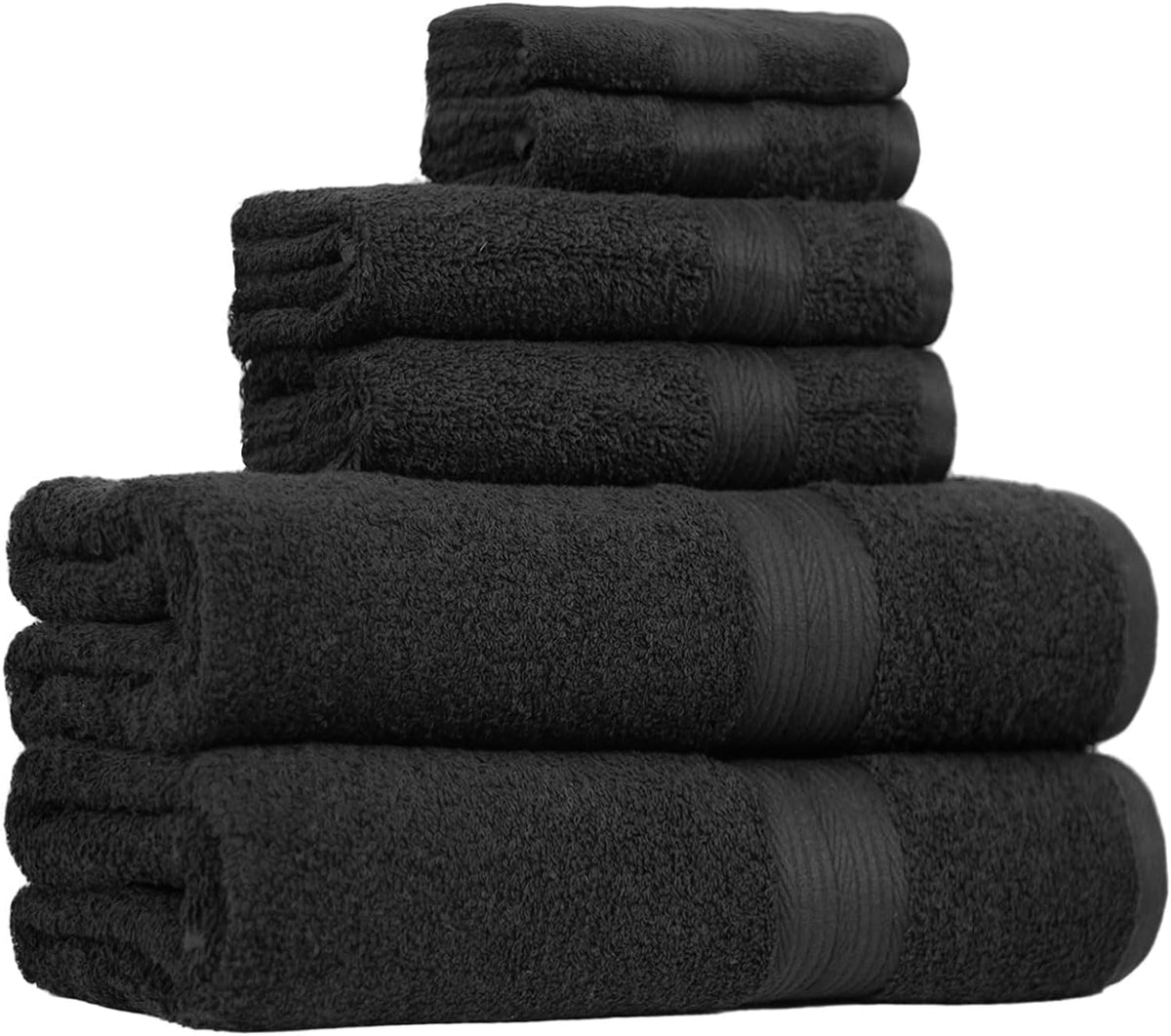 6-Piece Highly Absorbent Fade-Resistant Towel Set, 100% Cotton Towels for Bathroom, Soft, 2 Bath Towels, 2 Hand Towels, 2 Washcloths, Black
