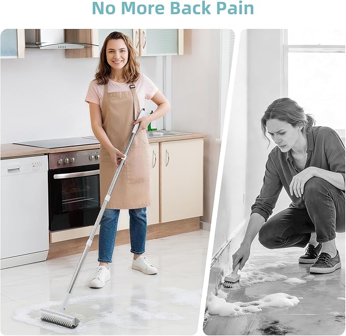 MOPALL Floor Scrub Brush with Long Handle 55", Dual-Sided Stiff Bristle Grout Brush with 180° Rotatable V-Shape Head, Heavy Duty Shower Cleaning for Bathroom Tile, Patio, Deck, Garage, Pool & Corner