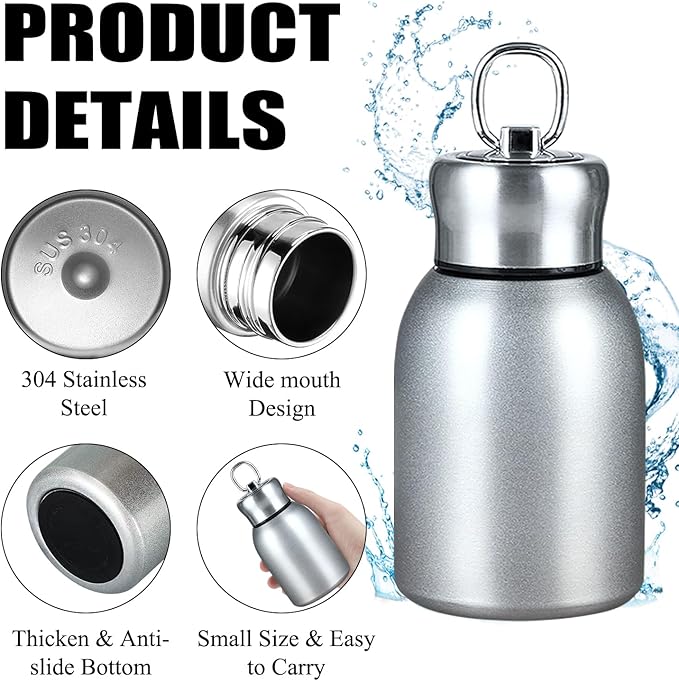 Mini Stainless Steel Thermal Bottle Small Vacuum Insulated Water Bottle, Portable Leakproof Sport Tumbler Cup Hot and Cold Travel Mug 10 oz (Silver)