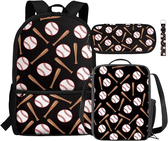 Baseball Backpack Set Book Bag Lunch Box Pencil Bag Keychain Sets 4 in 1,Boys Kids Backpacks for Girls 5-6,Travel Back P