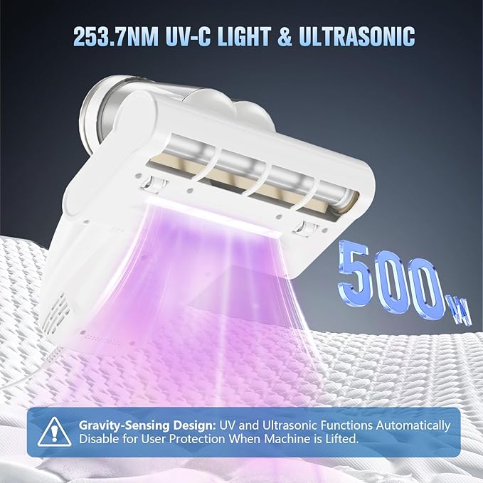 Bed Vacuum Cleaner Mattress Vacuum Cleaner,16Kpa Powerful Handheld Vacuums with UV-C Light & Double Dust Cup & High Heating & Ultrasonic & HEPA Filter for Bed Sofa(Corded,Paper White)