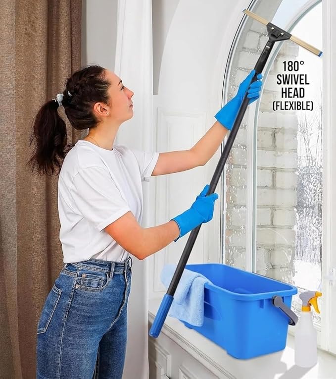 Professional Window Cleaning Kit with 50" Extension Pole, 8-in-1 Window Scrubber Squeegee Set, 14" Flexible Head, 3 Gallon Storage Bucket, Spray Bottle Microfiber Cloths for High Indoor/Outdoor Glass
