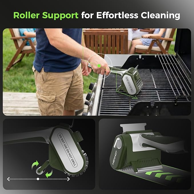 Electric Grill Brush - Heavy Duty Cordless BBQ Grill Cleaning Brush with High Torque, LED Light, Detachable Stainless Steel Head, Support Roller, for Outdoor Cast Iron & Stainless Steel Grates
