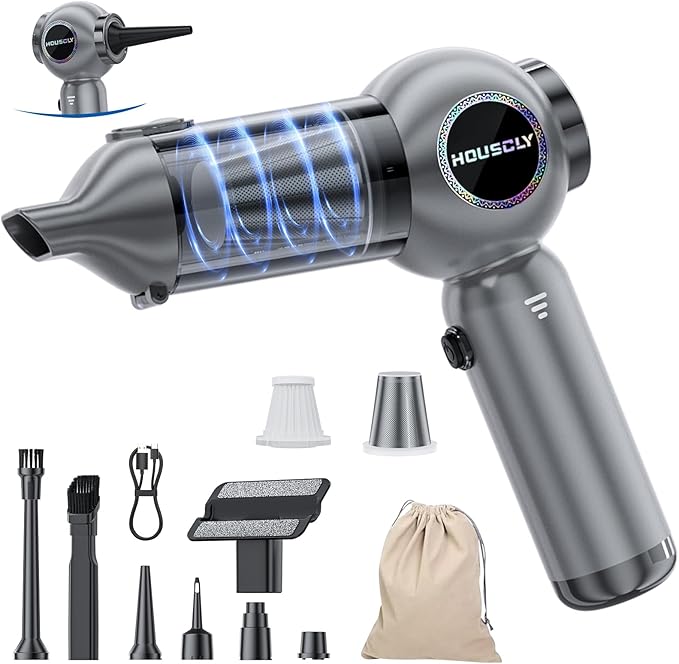 houscly Handheld Car Vacuum Portable Cordless 25000Pa High Power Small Mini Hand Vacuum Rechargeable 4-in-1 Wireless Handheld Vac for Car Office Desktop Home Cleaning Ideal Gifts for Men & Women