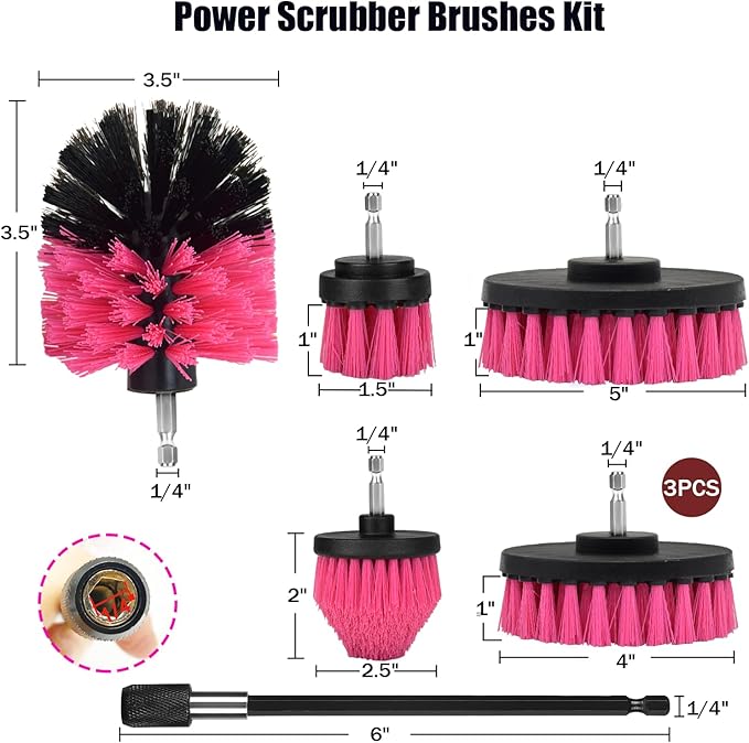 8 Pack Drill Brush Attachment Set, 1/4in Power Scrubber Brush + Extend Long Rod, Multi-Purpose Power Cleaning Scrub Brush for Bathroom, Tub, Tile, Corner, Floor(Hot Pink)