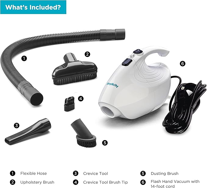 Simplicity Vacuums Flash Mini Handheld Vacuum with Attachments, Powerful Corded Hand Vacuum for Craft and Sewing Projects, Small Vacuum for Car Detailing, F1