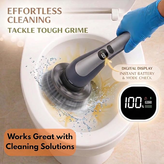 LIVINGPRO Electric Spin Scrubber for Bathroom Cleaning, Cordless Power Scrubber with 70W Dual Speed Motor, LCD Display, IPX7 Waterproof, Adjustable Handle, 7 Brush Heads for Tub Tile Shower Kitchen