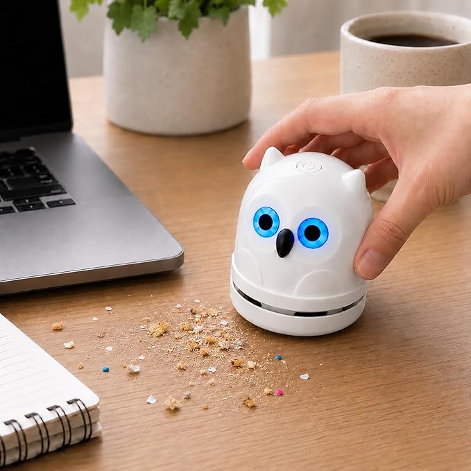 Mini Desktop Vacuum Cleaner Owl Desk Vacuum Cleaner Cute Desk Vacuum Sweeper for Cleaning Eraser Waste, Crumbs, Hair, Paper Scraps on Computer Piano Keyboard Countertop Car