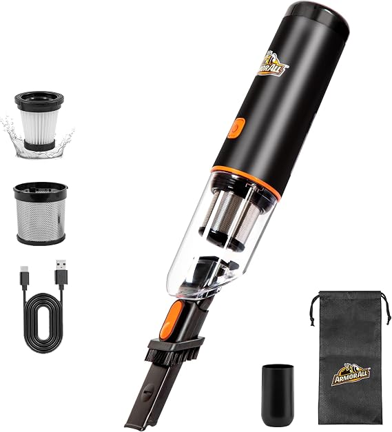 Armor All AA07V2 0901 Cordless Car Vacuum Handheld Mini Vacuum Cleaner for Car Interior Home, Orange