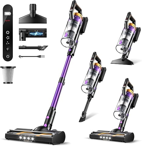 Cordless Vacuum Cleaner for Home, 580W/48KPa Powerful Suction, 65 Min Runtime, Lightweight Stick Vacuum with LED Screen 
