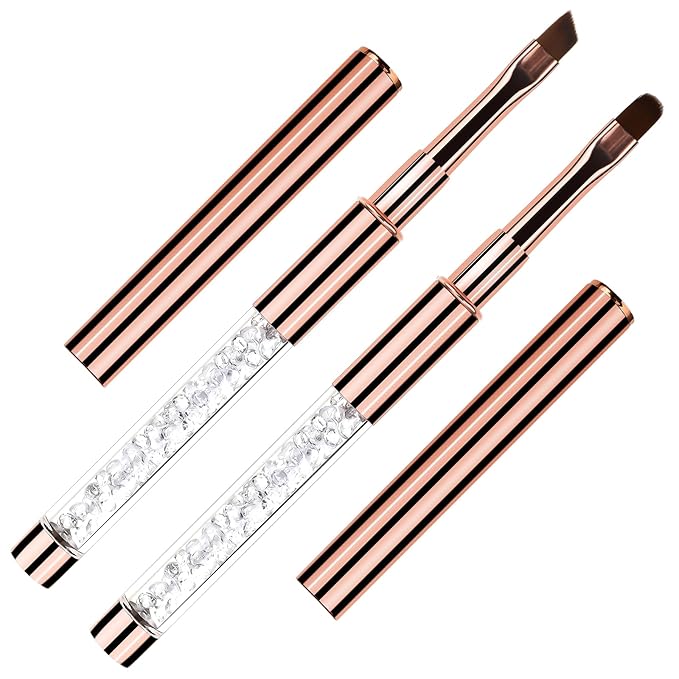 2Pcs Oval & Angled UV Gel Nail Brush Nail Art Clean Up Brush Rhinestone Handle Nails Art Design Brushes Drawing Pen Gel Brushes for Nails