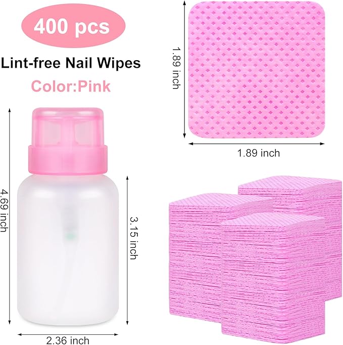 400pcs Lint Free Nail Wipes, 1 Pull-Off Pump-Style Bottle Suitable for Nail Wipes for Fingernail, Mascara Extension Glue Cleaning and Care Product Sets