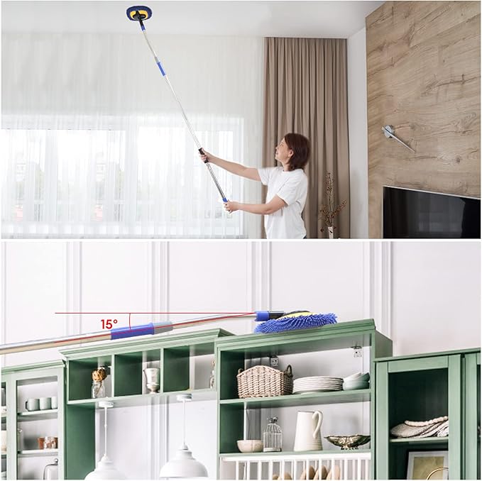 Wall Cleaner, Max 66'' Wall Mop with Long Handle, Ceiling Dust Mop with 15° Labor-Saving Elbow Extension Pole, Baseboard Duster Washer Scrubber, High Reach Window Cleaning Brush, Roof Cleaning Tool-BU