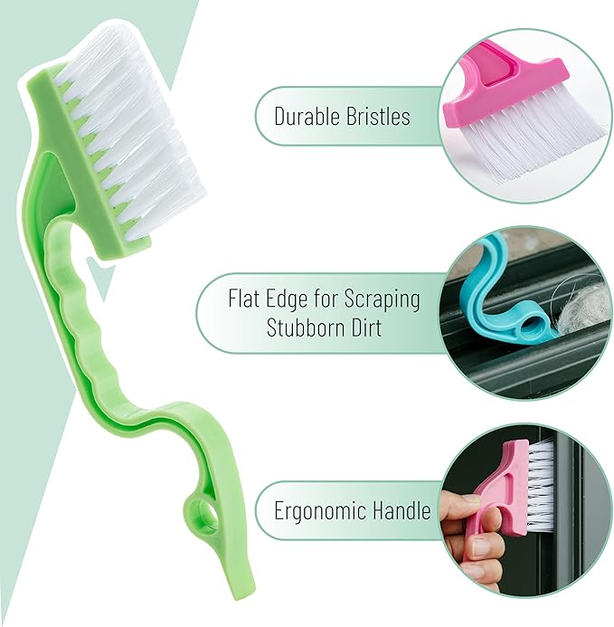 Slick- Window Track Cleaning Brush, 4 Pack, Colorful Ergonomic Handle, Built-in Scraper, Multipurpose, Window Track Cleaning Tools