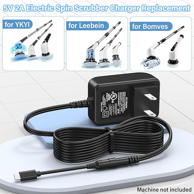 5V USB C Electric Spin Scrubber Charger Replacement Fit for YKYI, for Bomves Cordless Cleaning Brush, Power Cord AC Adapter for Keimi, for Leebein, for Highyes, for TUYU Power Shower Cleaner Scrubber