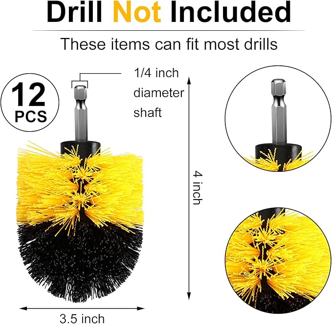 Drill Brush Nylon Drill Brush Attachment Electric Power Scrubber Scrub Brush Multi Purpose Cleaning Supplies for Drill Bathroom Surfaces Tub Grout Shower Kitchen Tile Auto Car (Yellow, 12 Pcs)
