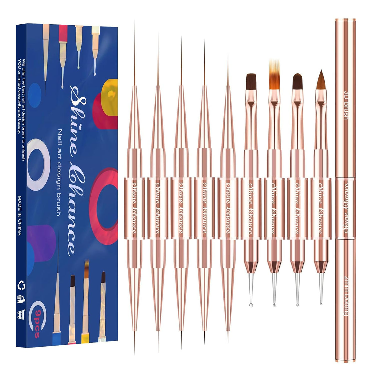 9Pcs Nail Art Brushes Set, Professional Double-Ended Acrylic Liner Detail Brushes for Gel Polish Art Nail, 3D Art Nail Dotting Brush Pen for Manicure DIY Home Salon, Rosegold