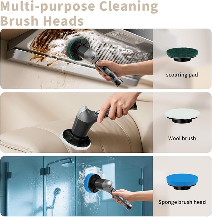 Electric Spin Scrubber, Cordless Power Dish Scrubber Brush, Type-C Fast Charging with LED Power Display, 3 Speeds, 6 Replaceable Heads for Cleaning Kitchen Stove/Bowl/Sink/Corner/Tile/Grout (Grey)