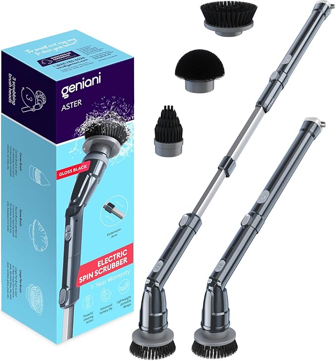 GENIANI Electric Spin Scrubber - 360 Cordless Powerful Scrub Brush for Cleaning Bathroom, Tile, Floor, Tub & Shower with Adjustable Extension Handle & 3 Replaceable Rotating Brush Heads (Gloss Black)