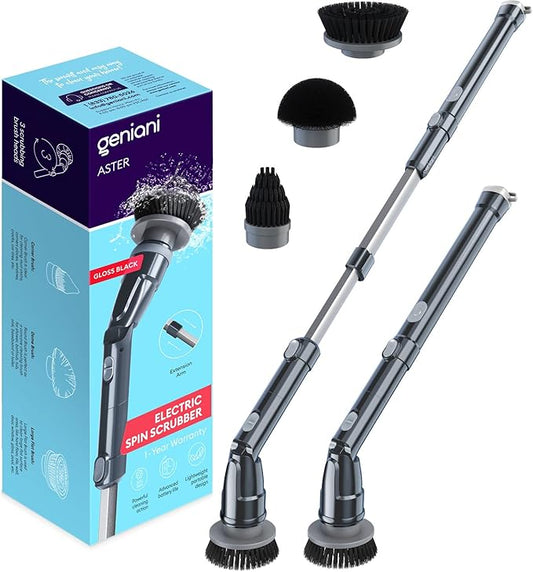 GENIANI Electric Spin Scrubber - 360 Cordless Powerful Scrub Brush for Cleaning Bathroom, Tile, Floor, Tub & Shower with Adjustable Extension Handle & 3 Replaceable Rotating Brush Heads (Gloss Black)