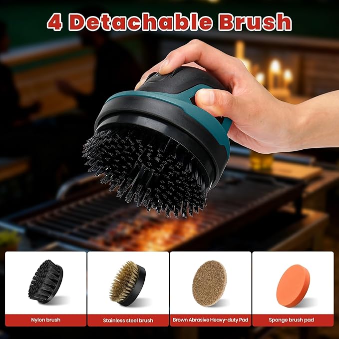 Electric Grill Brush for Outdoor Grill- 4 Replaceable Heads, 3000mAh IPX7 Waterproof BBQ Cleaning Scrubber for Kitchen & Car & Bathroom - Ideal Mother’s for Grill Lovers, Dad, Mom