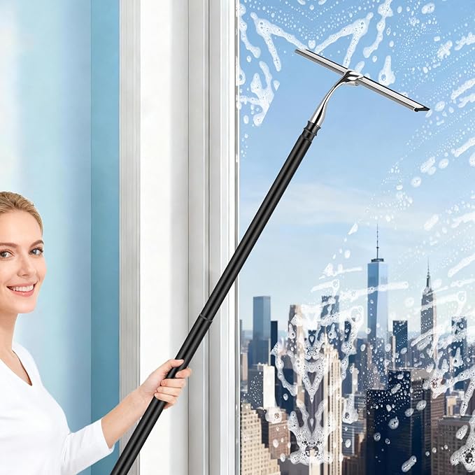 17'' - 60'' Metal Squeegee with Extension Pole for Window,Glass Door,Mirror, 12'' Wide Telescopic Shower Squeegee Cleaner with Long Handle (60'' Telescopic Pole Squeegee)