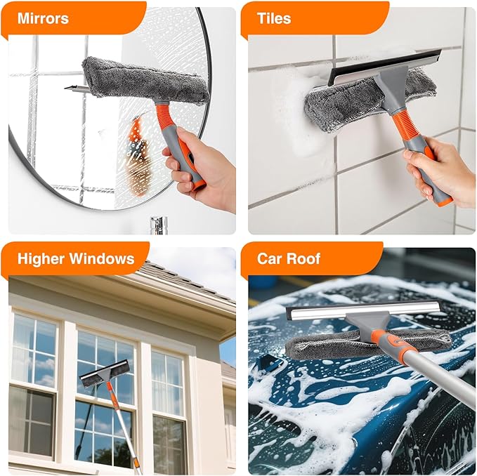 LOMIDA 2-in-1 Window Squeegee Cleaner with 62" Window Cleaning Tool Kit with Extension Pole, Bendable Head for Extra Force, Window Washing Equipment Car/Glass/Shower (2 Fiber Pads)