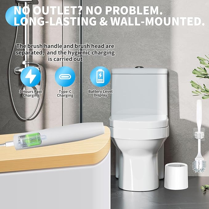 Electric Toilet Brush with Holder, Ultra Quiet & Powerful Scrubbing, IPX7 Waterproof Self-Cleaning Brush for Toilet/Bathtub/Grout, Cordless Spin Scrubber with 320RPM Turbo Power - White