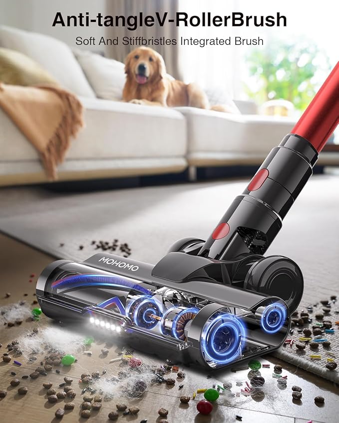 mohomo Cordless Vacuum Cleaner 650W 55KPa Suction, 70Min Runtime Stick Vacuum with Self-Standing, Anti-Tangle Brush, OLED Touch Screen for Hardwood Floor, Carpet, Pet Hair - Red