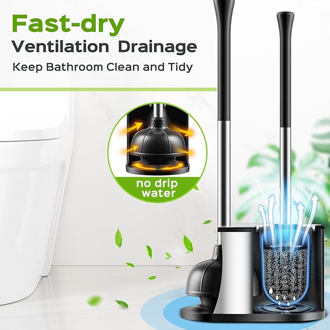 HAMITOR Toilet Plunger and Brush Set: Bathroom Powerful Cleaning Round Bristle Brush - Stainless Steel Heavy Duty Unclogging and Bowl Brush Combo - Compact Home Apartment Restroom Decor Accessories