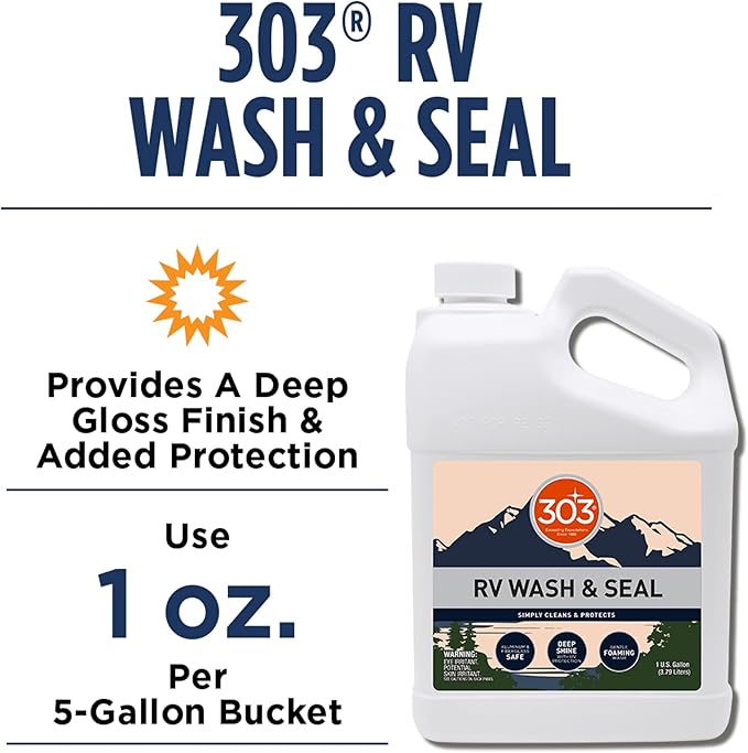 303 Products RV Wash & Seal - Clean, Streak-Free Finish, pH Neutral with High Foaming Formula, Provides A Deep Gloss Finish on RVs, Campers, Pop-ups, and Motorhomes, 1 Gallon (30240)