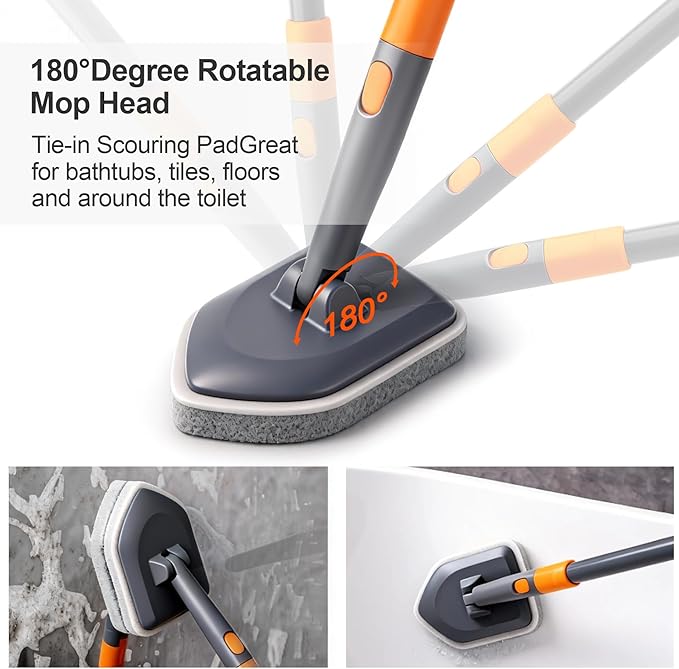 CLEANHOME Tile Tub Scrubber Brush with 3 Different Function Cleaning Heads and 56" Extendable Long Handle-No Scratch Shower Scrubber for Cleaning Bathroom Kitchen Toilet Wall,Bathtub,Sink,Grey