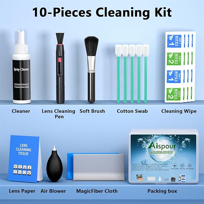 Aispour Camera Lens Cleaning Kit, 10-in-1 Camera Cleaning Kit, Camera Lens Cleaner and Camera Accessories, Includes Lens Cleaning Kit/Lens Cleaner/Lens Cleaning Pen/Soft Brush