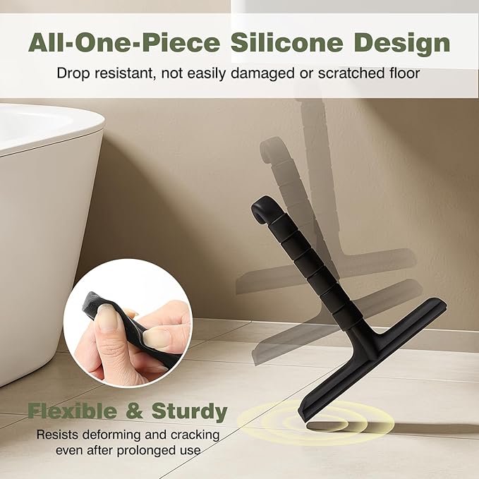 Roylvan Silicone Shower Squeegee, All-in-One Shower Squeegee for Glass Doors with Built-in Hook, Household Window Mirror Cleaner for Bathroom Glass Kitchen Tile Wall Car, Black