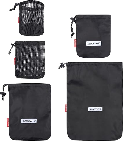 REDCAMP 5PCS Small Ditty Bags Set for Backpacking, Ultralight Nylon Mesh Drawstring Stuff Sack Assortment Storage Pouch 