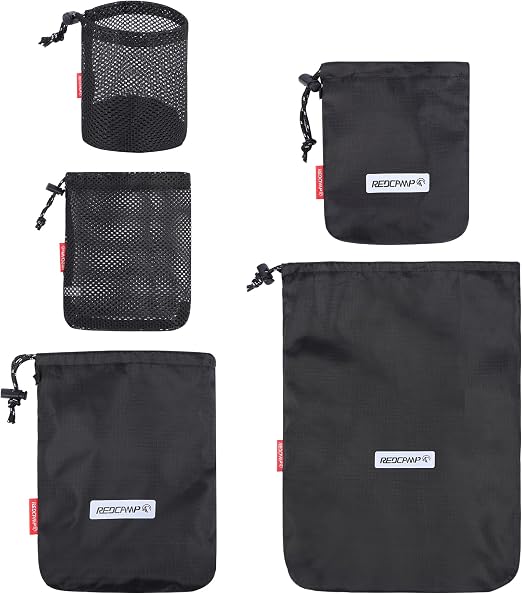 REDCAMP 5PCS Small Ditty Bags Set for Backpacking, Ultralight Nylon Mesh Drawstring Stuff Sack Assortment Storage Pouch 