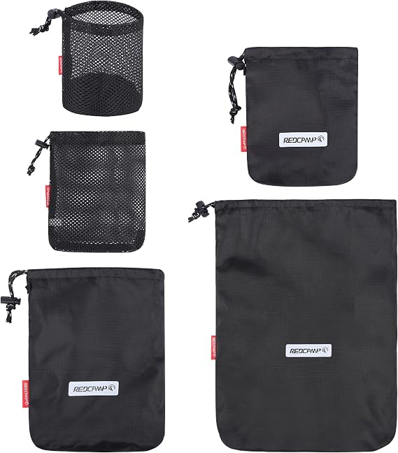 REDCAMP 5PCS Small Ditty Bags Set for Backpacking, Ultralight Nylon Mesh Drawstring Stuff Sack Assortment Storage Pouch 