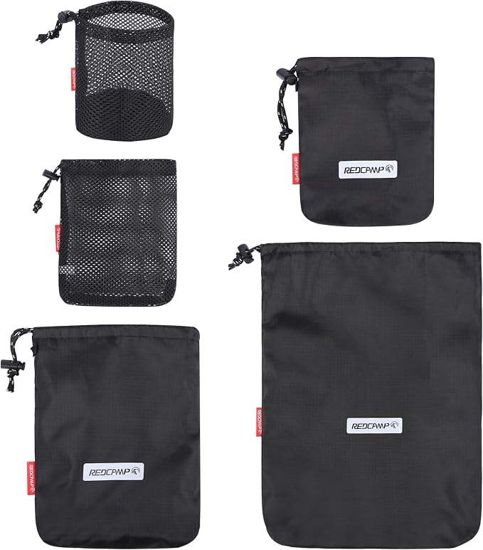 REDCAMP 5PCS Small Ditty Bags Set for Backpacking, Ultralight Nylon Mesh Drawstring Stuff Sack Assortment Storage Pouch 
