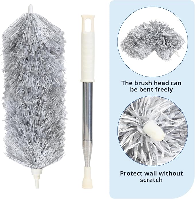 ZZ LAZYCOTTAGE Duster with Extension Pole & Flexible Head, Gray Feather Duster, Long Ddusters for Cleaning for High Ceilings, Walls, Fans, Cobweb and Furniture